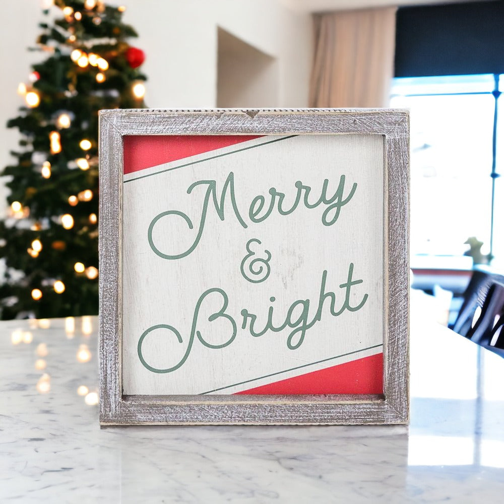 Merry & Bright 7-inch wood sign featuring festive red, green, and white colors with a cheerful holiday message.