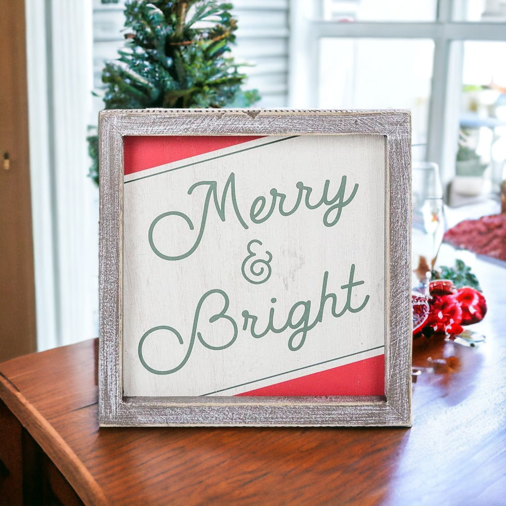 Merry & Bright 7-inch wood sign featuring festive red, green, and white colors with a cheerful holiday message.