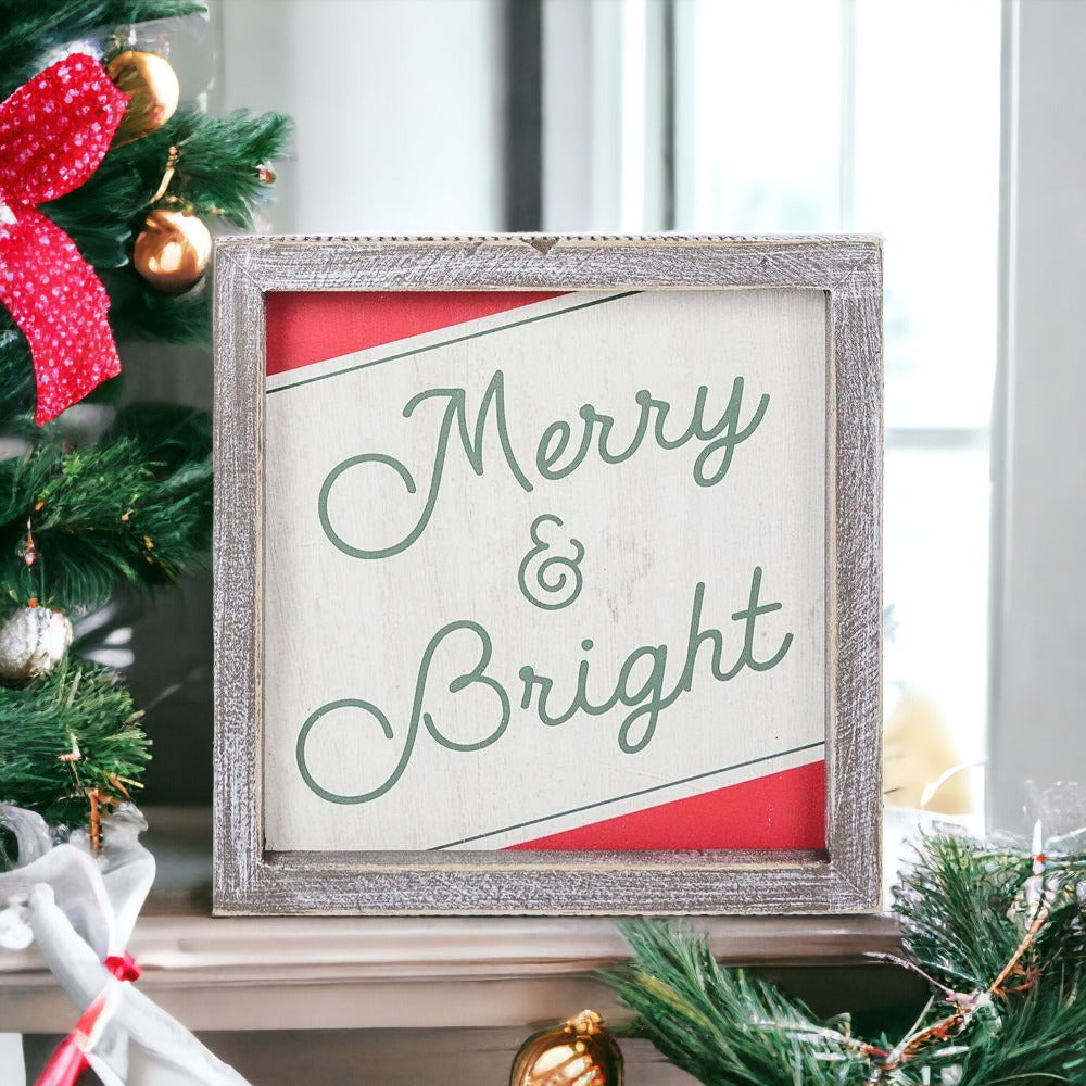 Merry & Bright 7-inch wood sign featuring festive red, green, and white colors with a cheerful holiday message.