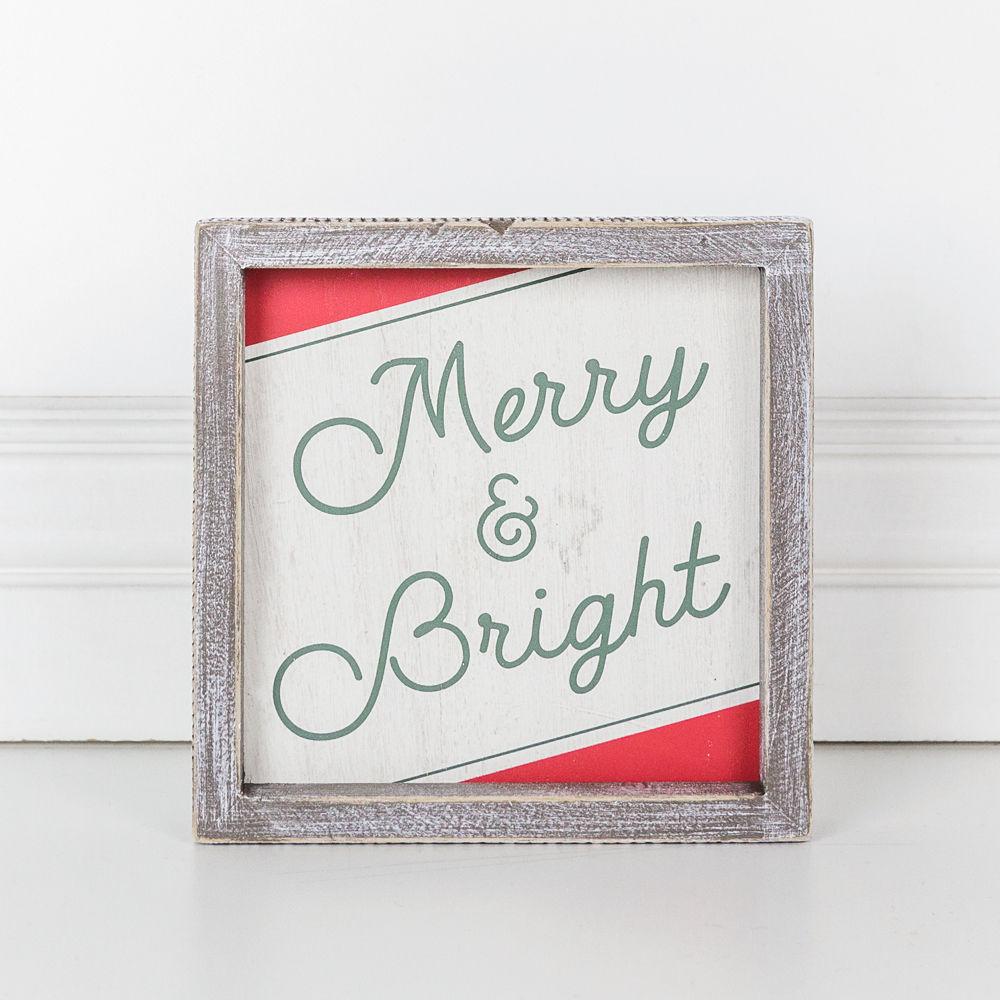 Merry & Bright 7-inch wood sign featuring festive red, green, and white colors with a cheerful holiday message.