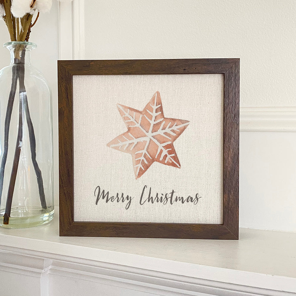 Merry Christmas Cookie framed sign with a rustic wood frame, featuring a linen-look background and eco-friendly printing.