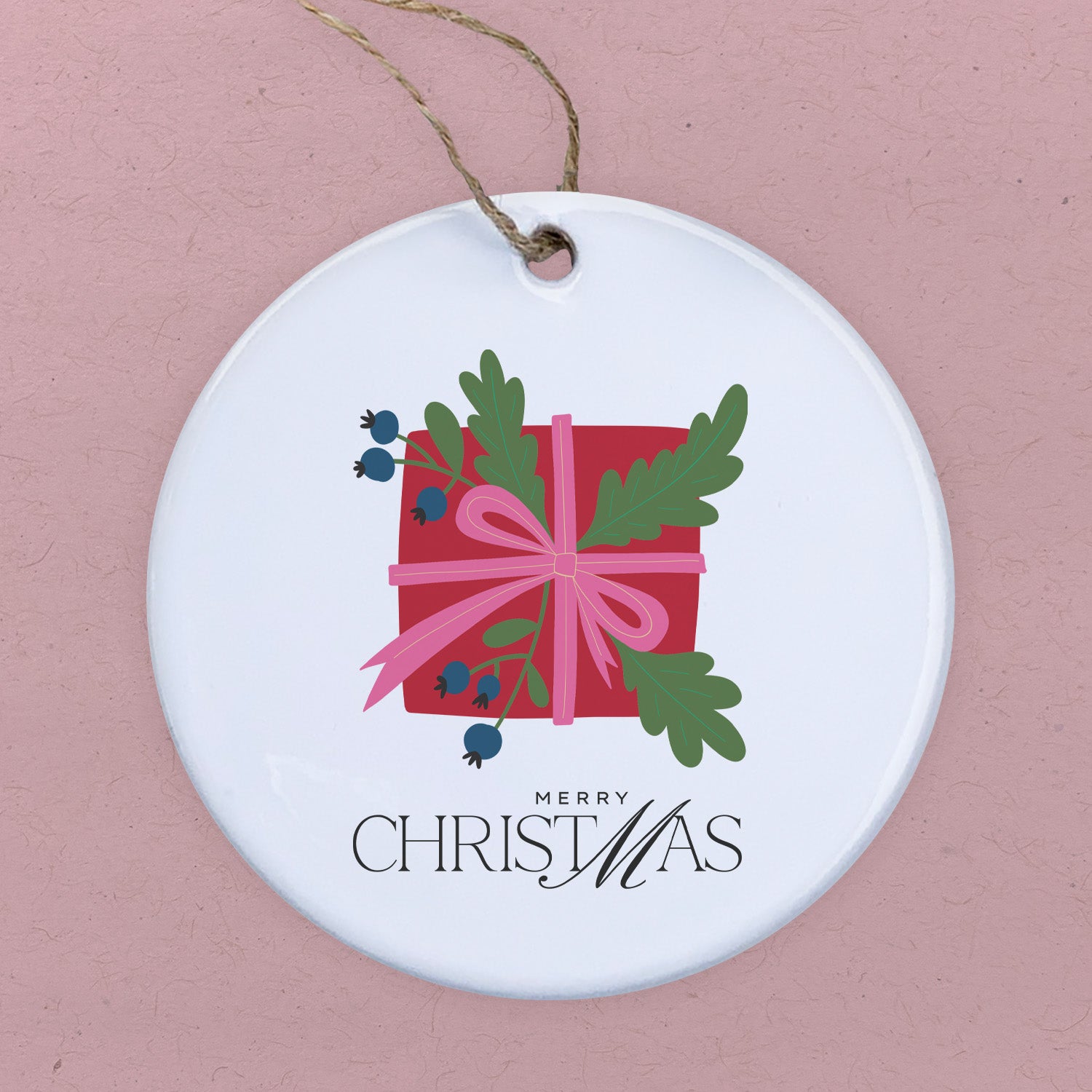 A beautifully crafted Merry Christmas ornament made of high-quality porcelain, featuring original designs printed in vibrant colors.