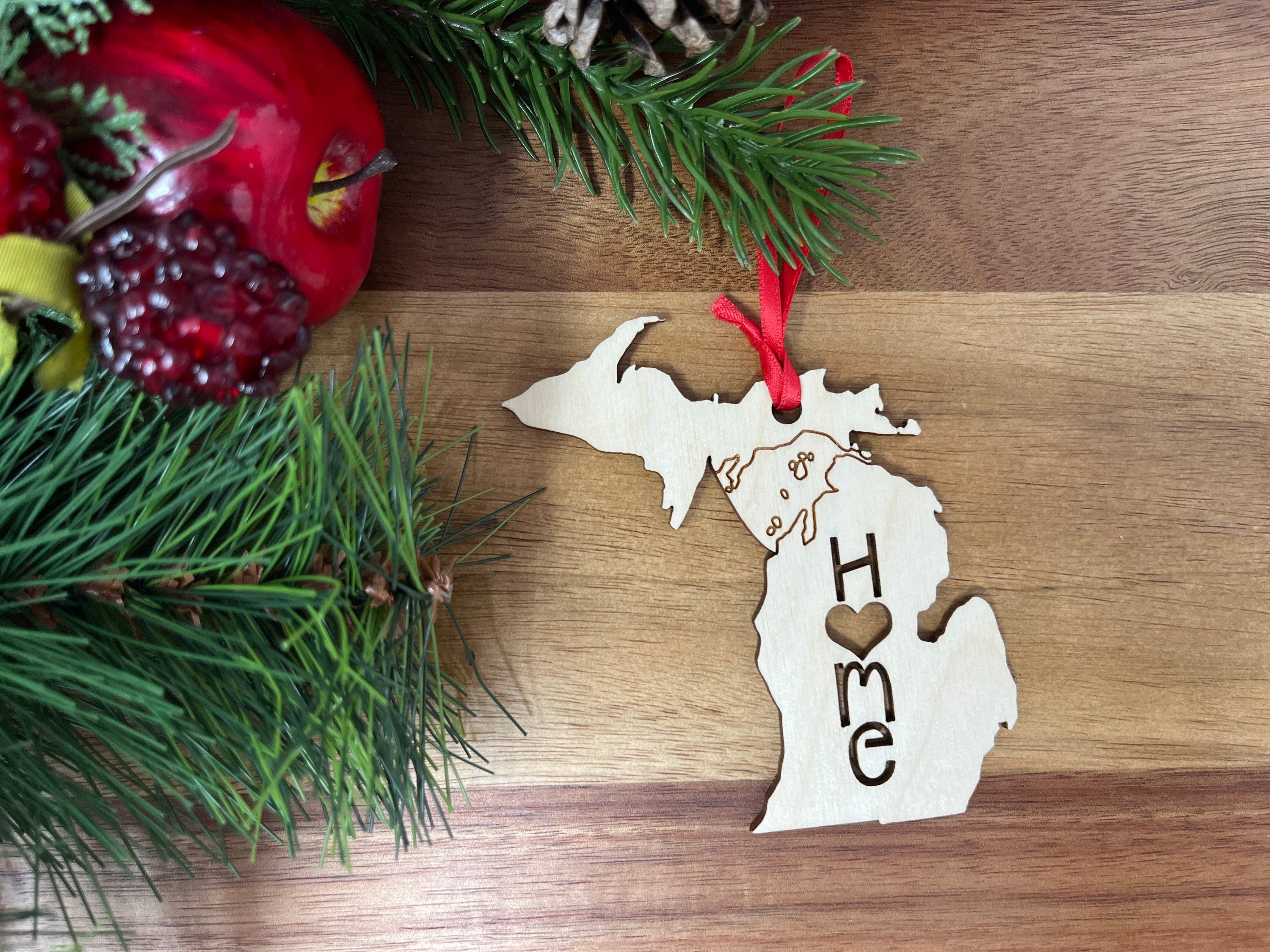 Michigan State Wood Christmas Ornament made from premium Baltic Birch wood, featuring a charming design perfect for holiday decor.