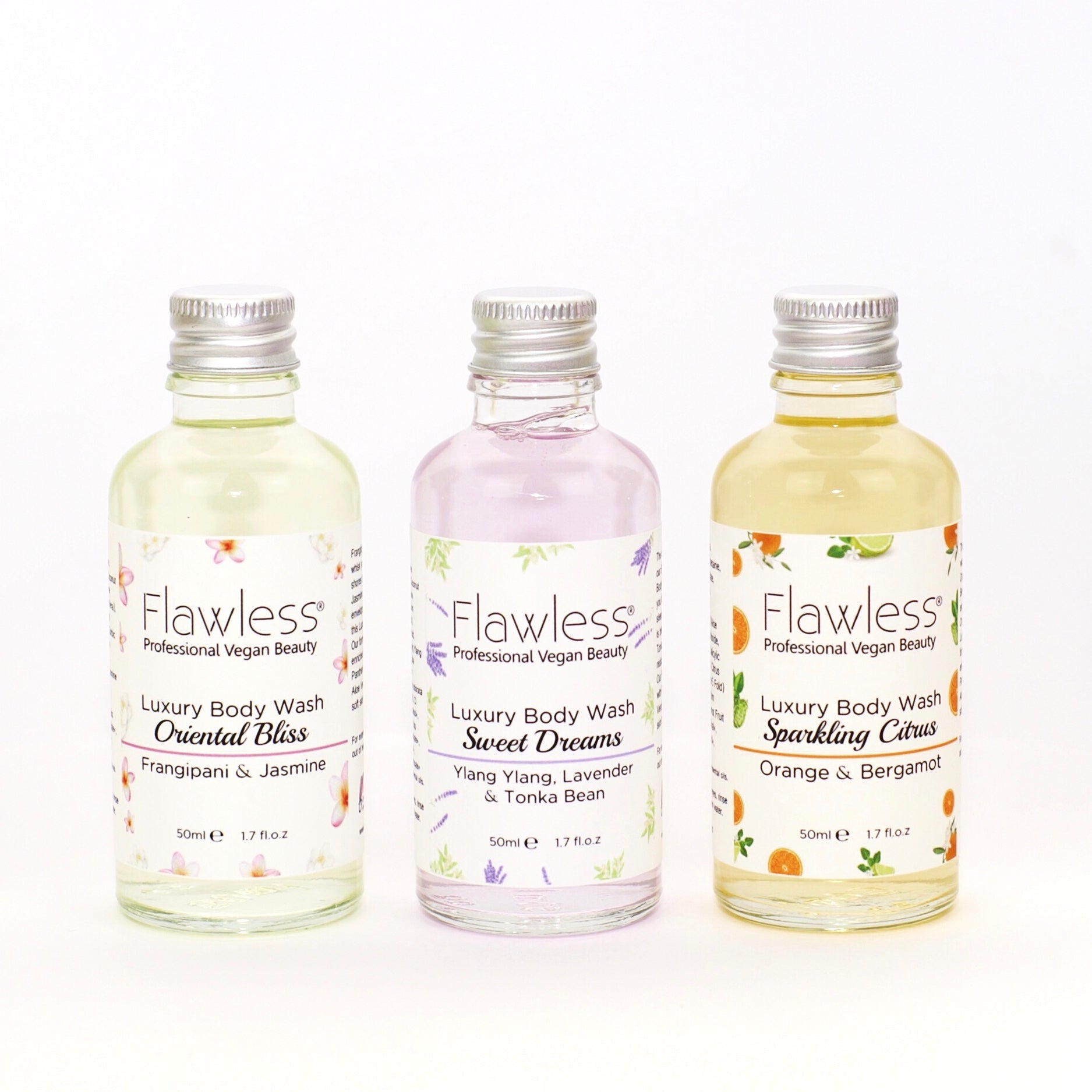 Mini Luxury Body Wash Set featuring three 50ml glass bottles with aluminum lids, showcasing eco-friendly and natural ingredients.