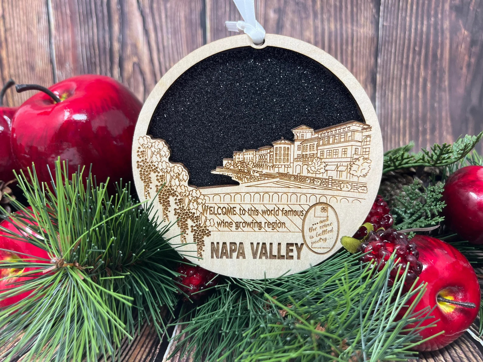 Napa Valley skyline ornament made from premium Baltic birch wood, measuring approximately 4 inches.