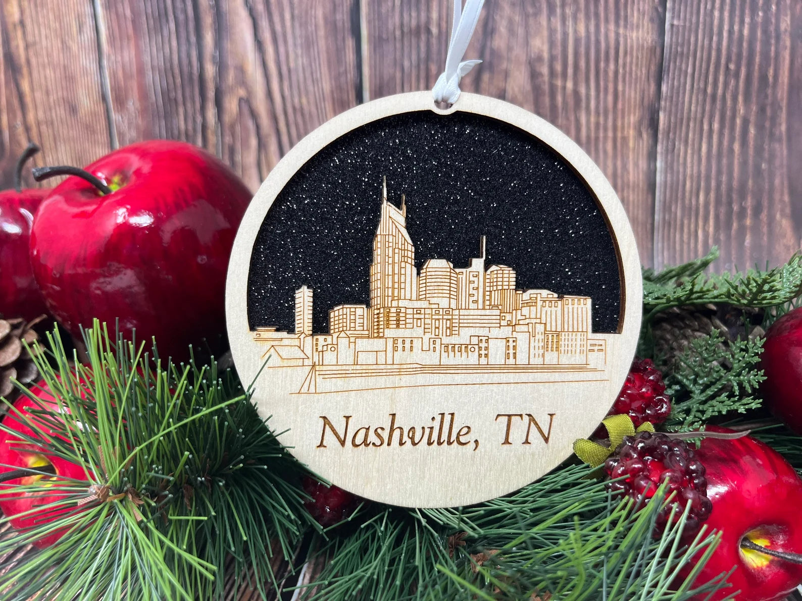 Nashville Skyline Ornament made from premium Baltic birch wood, showcasing intricate skyline design, perfect for holiday decor.