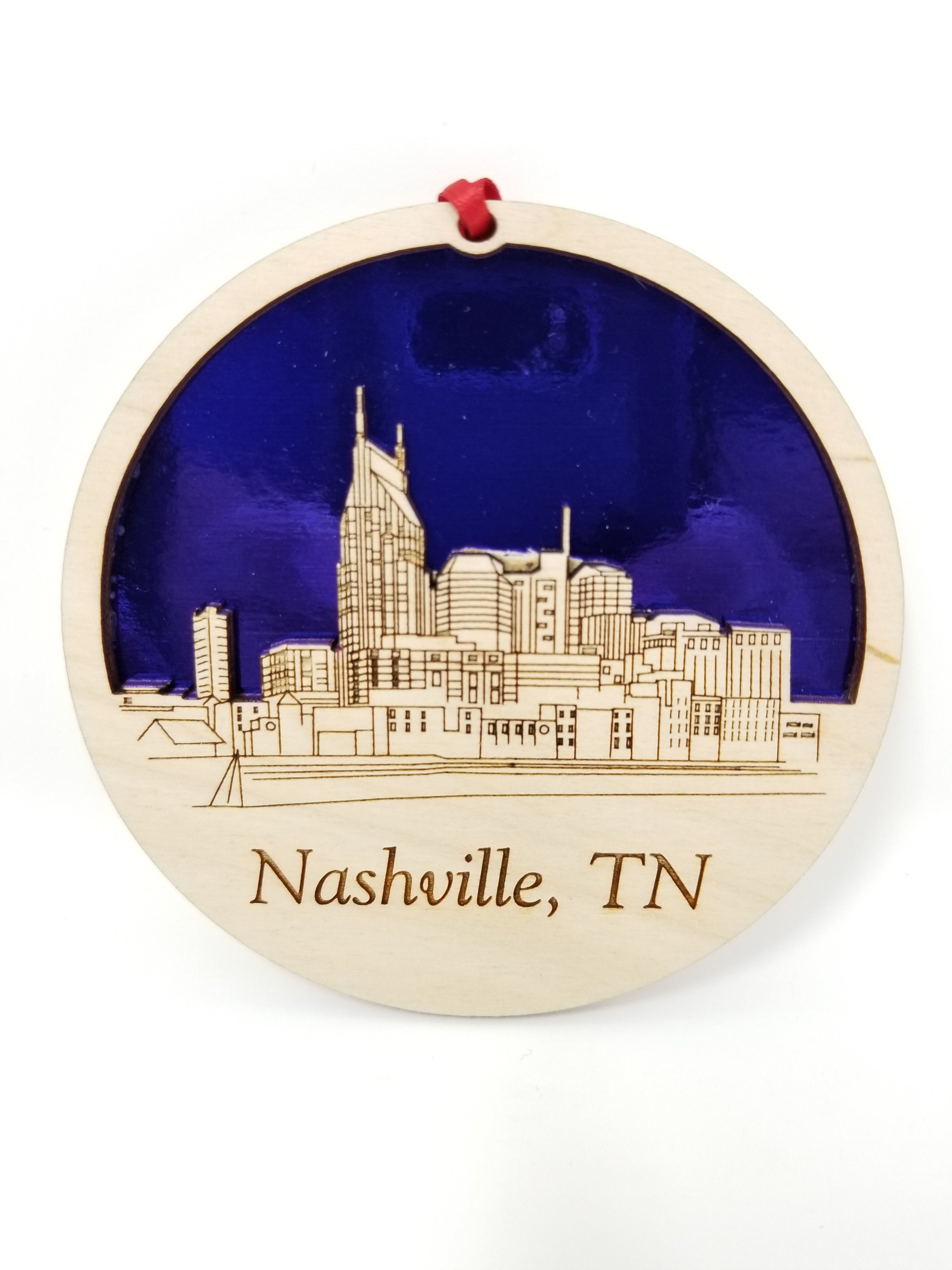 Nashville Skyline Ornament made from premium Baltic birch wood, showcasing intricate skyline design, perfect for holiday decor.