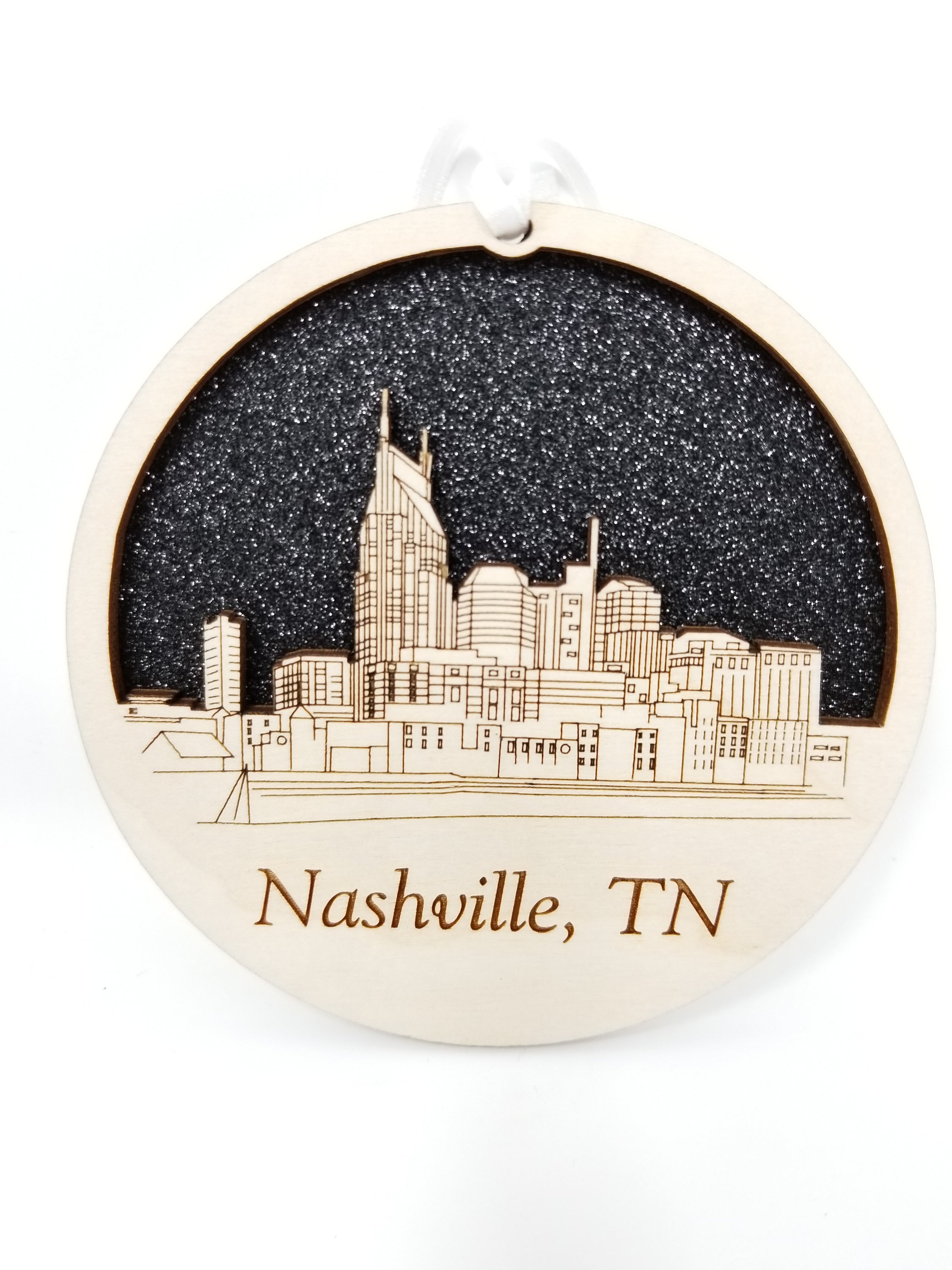 Nashville Skyline Ornament made from premium Baltic birch wood, showcasing intricate skyline design, perfect for holiday decor.