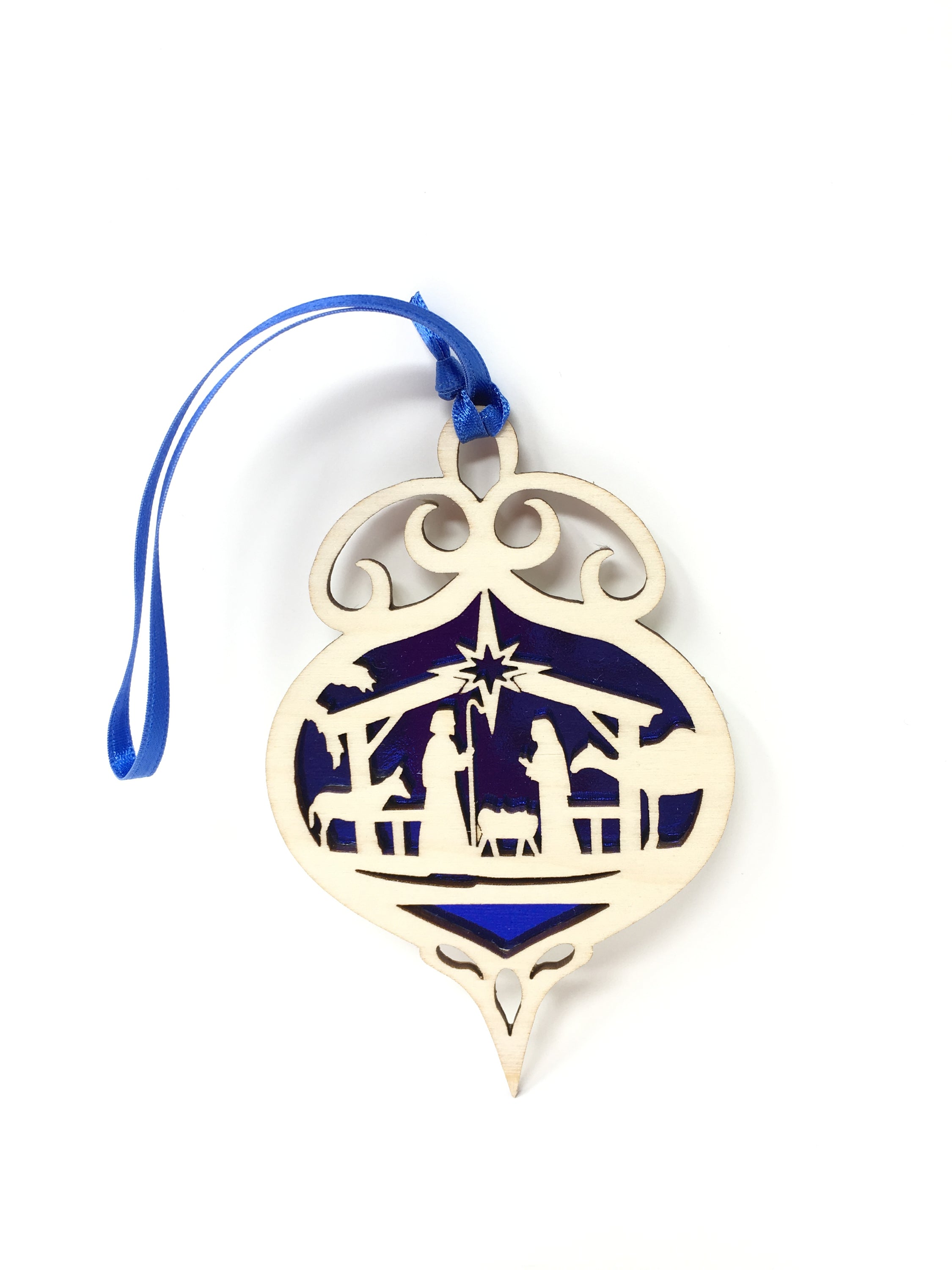 Nativity Bulb ornament made from premium Baltic Birch wood, intricately laser cut with a beautiful design, packaged in a cotton-filled jewelry box.