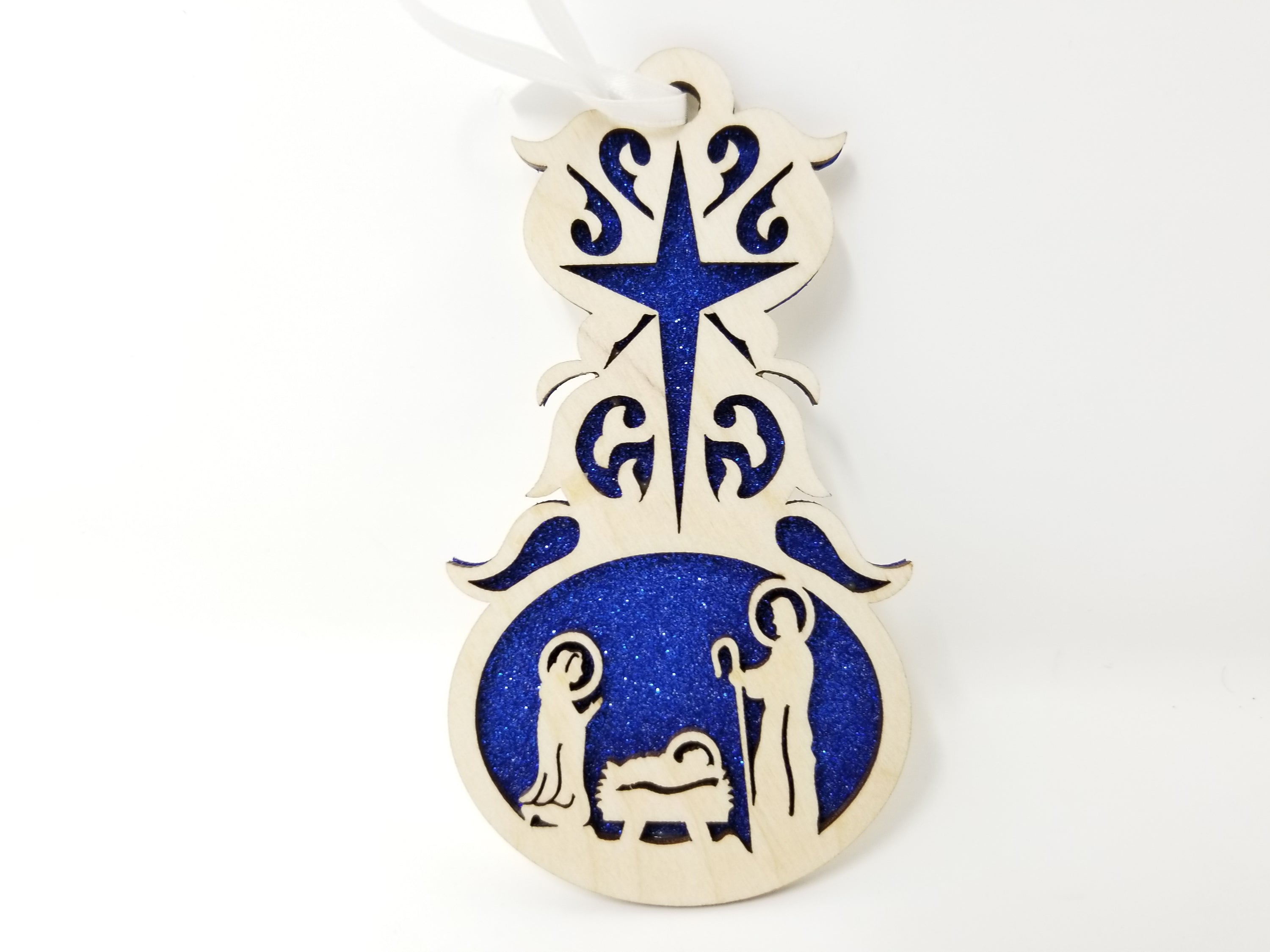 Nativity Drop ornament made of premium Baltic Birch wood, featuring intricate laser-cut designs of the nativity scene.