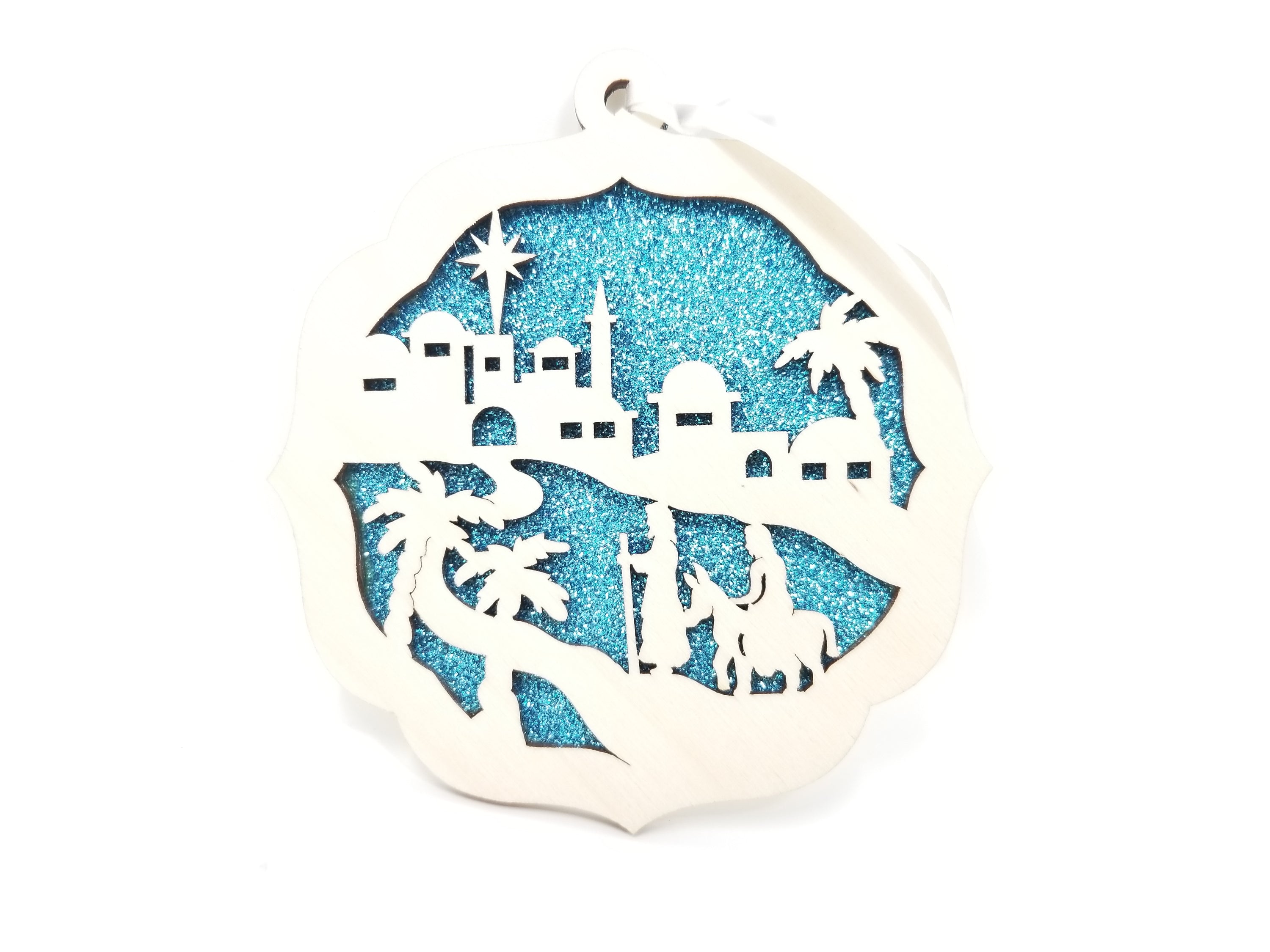 Nativity on the Hill ornament made from premium Baltic Birch wood, featuring intricate laser-cut details.