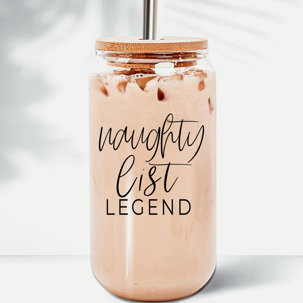 Naughty Legend Cup Set featuring high borosilicate glass cups with bamboo lids and stainless steel straws, perfect for various beverages.