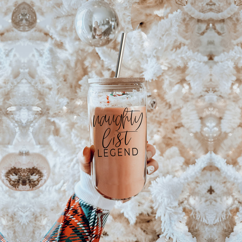 Naughty Legend Cup Set featuring high borosilicate glass cups with bamboo lids and stainless steel straws, perfect for various beverages.