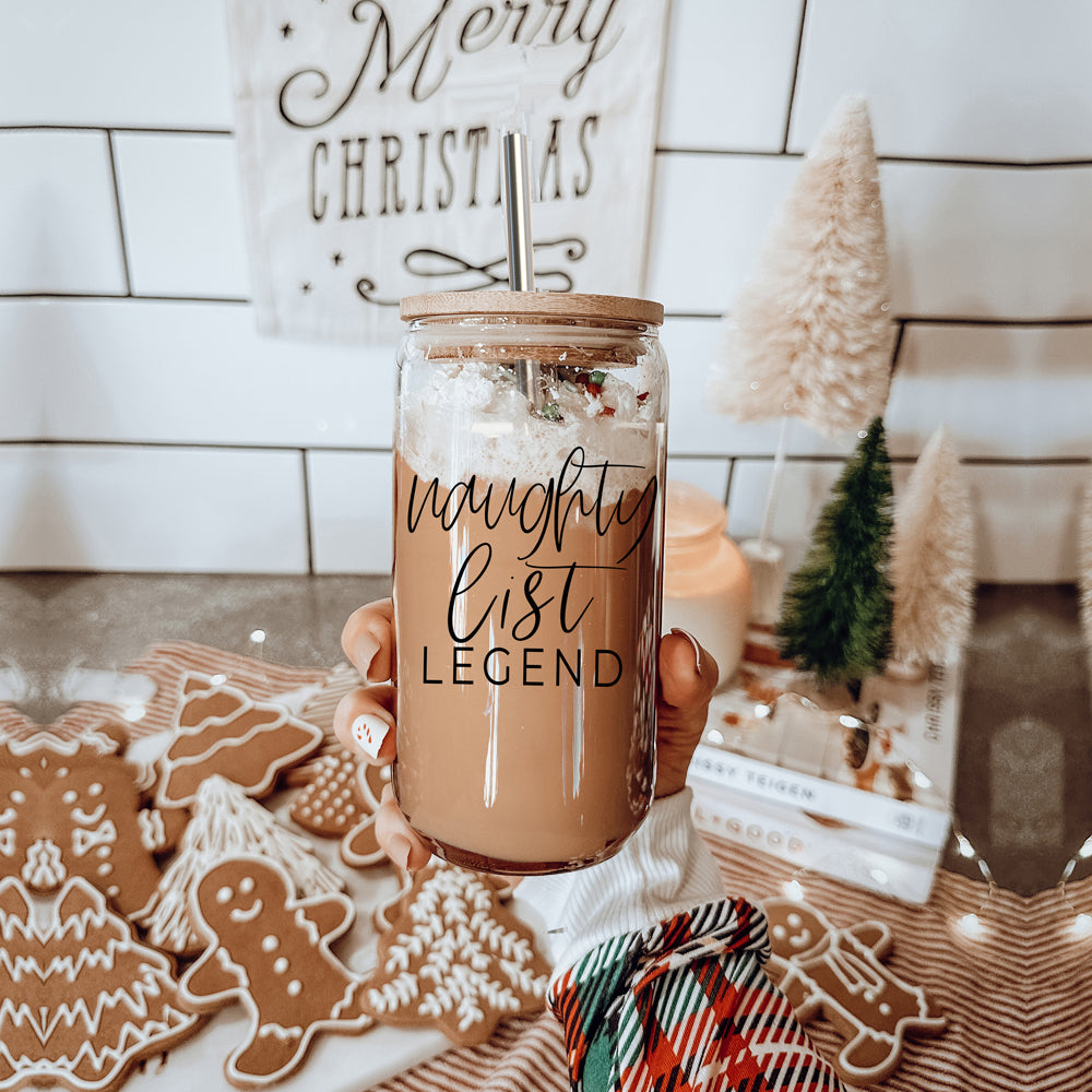 Naughty Legend Cup Set featuring high borosilicate glass cups with bamboo lids and stainless steel straws, perfect for various beverages.