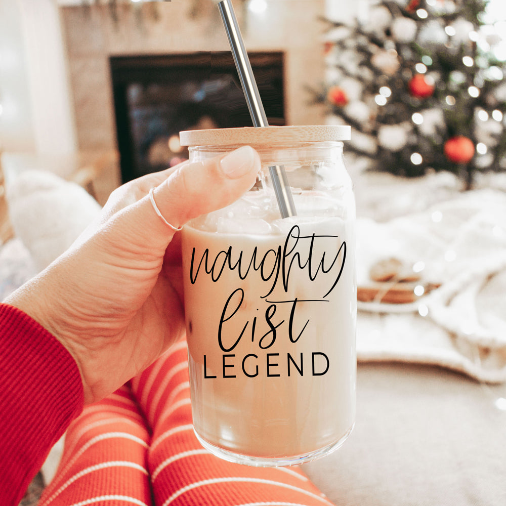 Naughty Legend Cup Set featuring high borosilicate glass cups with bamboo lids and stainless steel straws, perfect for various beverages.