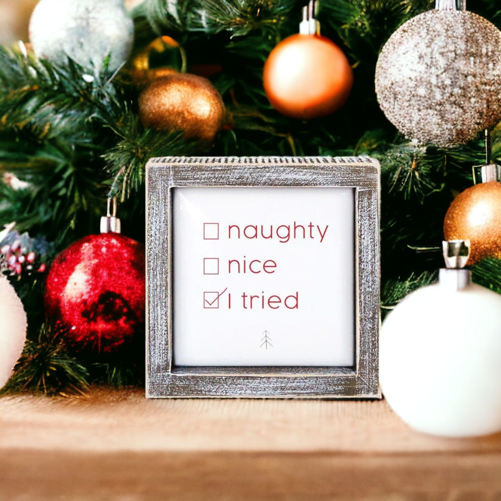 Naughty Nice 5" Sign with embossed lettering in festive colors, framed in wood, perfect for Christmas decor.