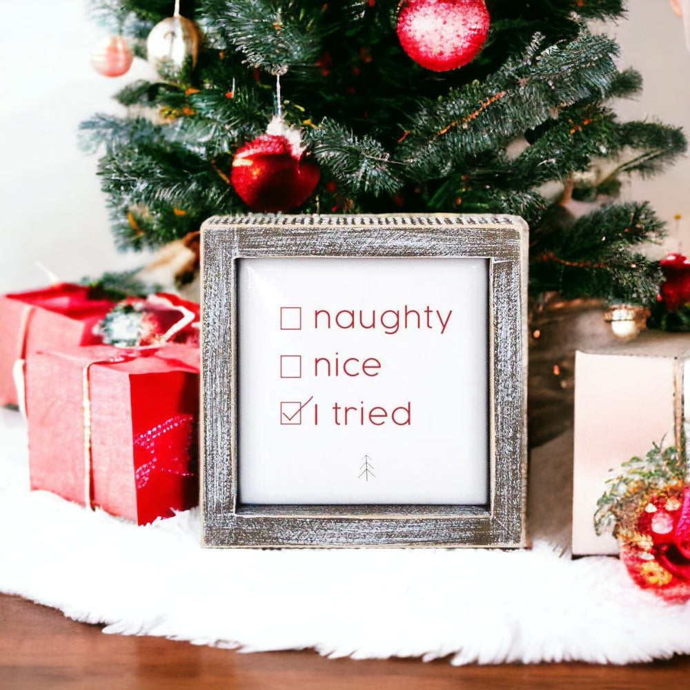 Naughty Nice 5" Sign with embossed lettering in festive colors, framed in wood, perfect for Christmas decor.