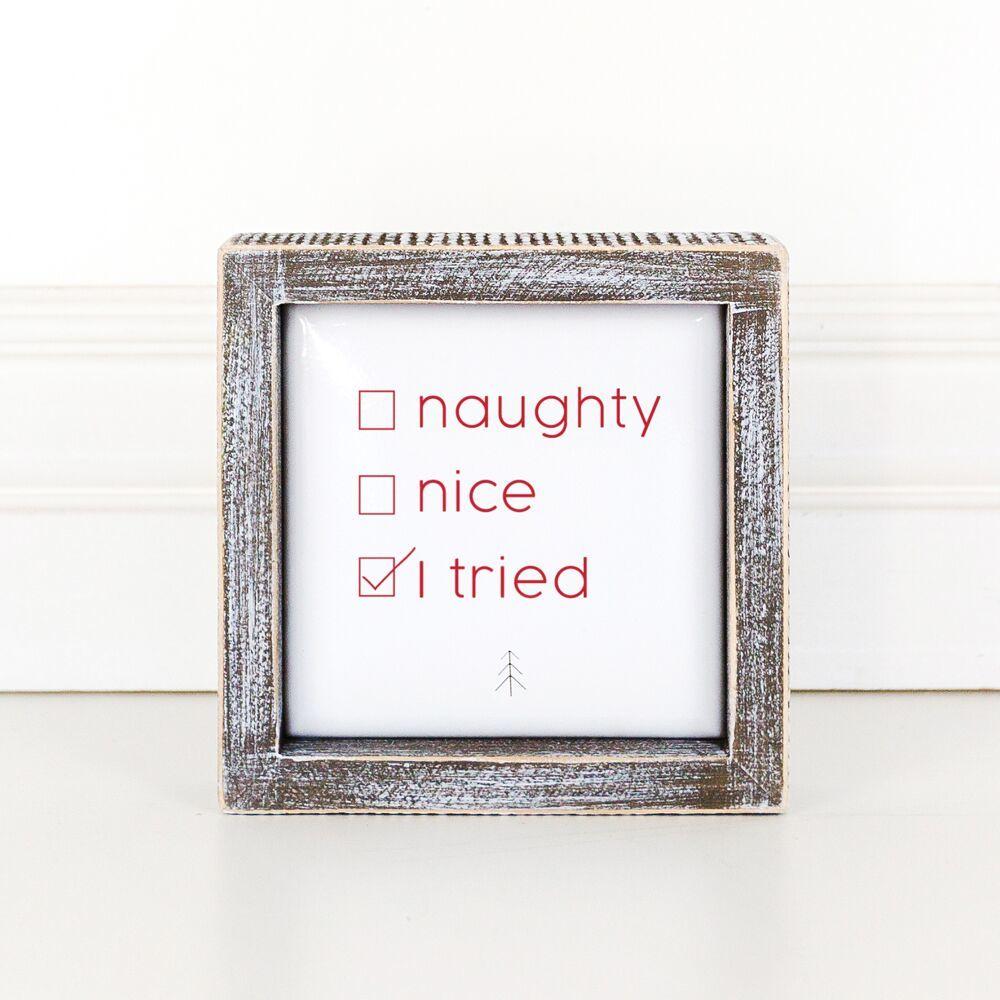 Naughty Nice 5" Sign with embossed lettering in festive colors, framed in wood, perfect for Christmas decor.