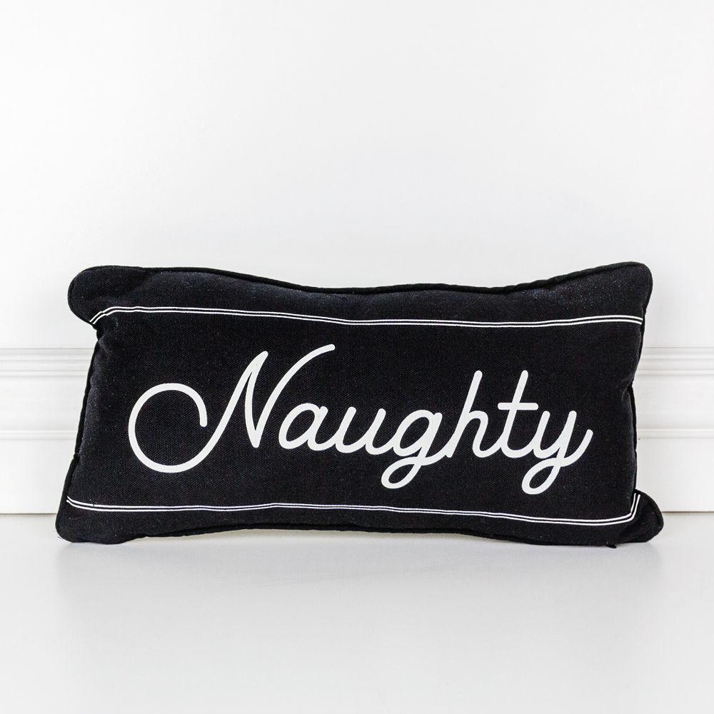 A reversible Naughty or Nice pillow featuring black and white colors, displaying 'Naughty' on one side and 'Nice' on the other, perfect for Christmas decor.