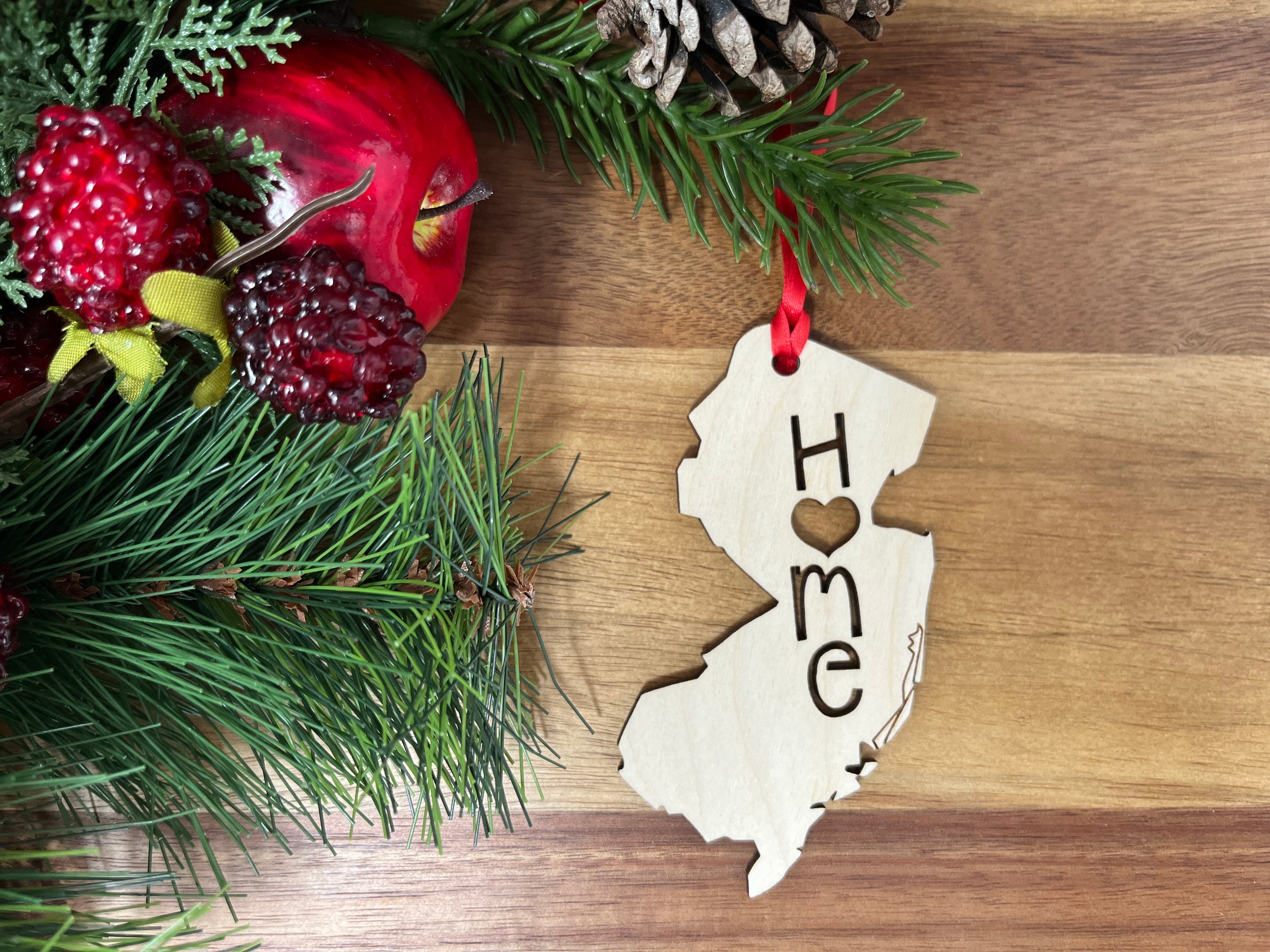 New Jersey State Wood Christmas Ornament featuring a 'Home' design, crafted from premium Baltic Birch wood.