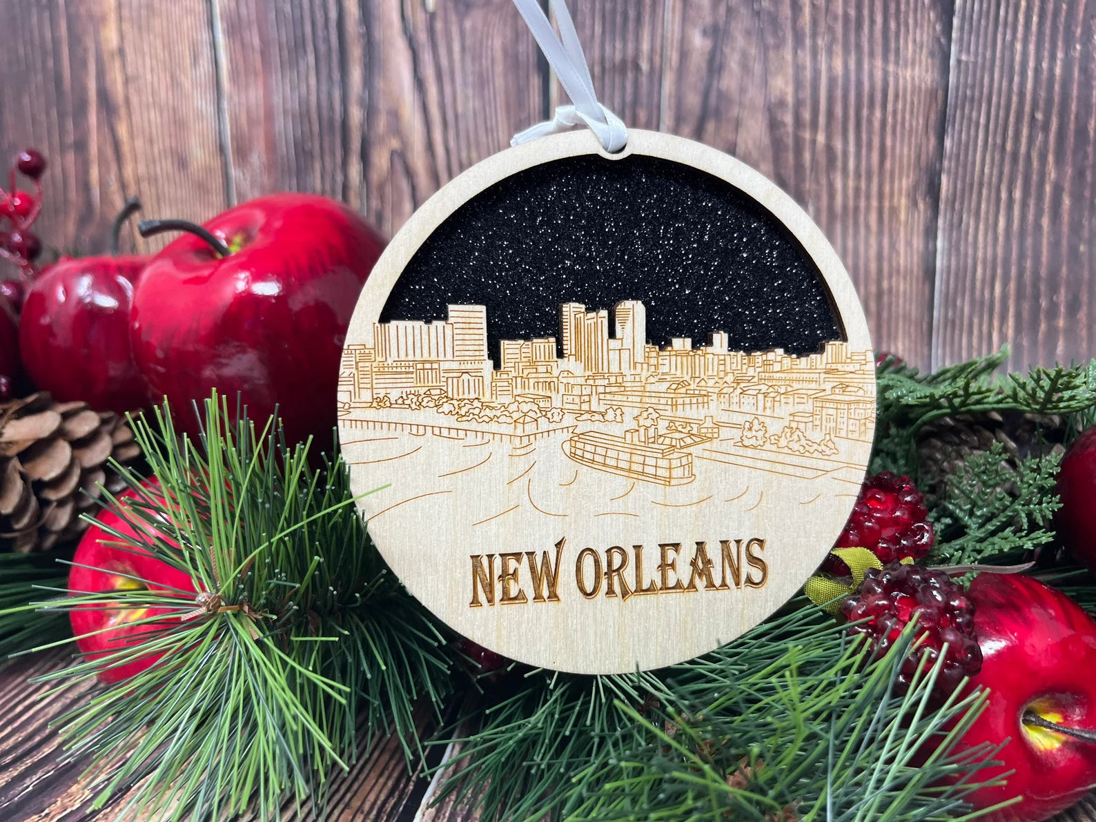 New Orleans Skyline Ornament made from premium Baltic birch wood, showcasing intricate city skyline details.