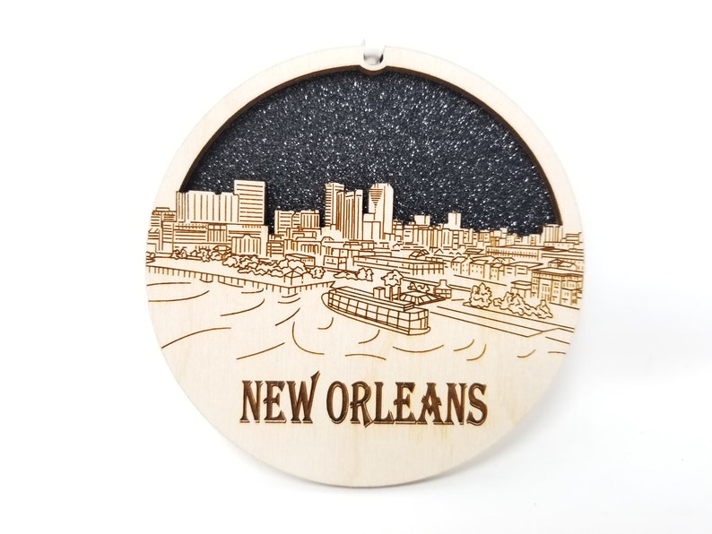 New Orleans Skyline Ornament made from premium Baltic birch wood, showcasing intricate city skyline details.