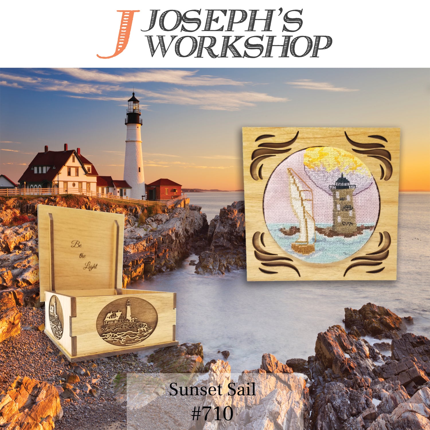 NEW Sunset Sail cross-stitch kit featuring lighthouse design and stylish box with hardware-free hinge.