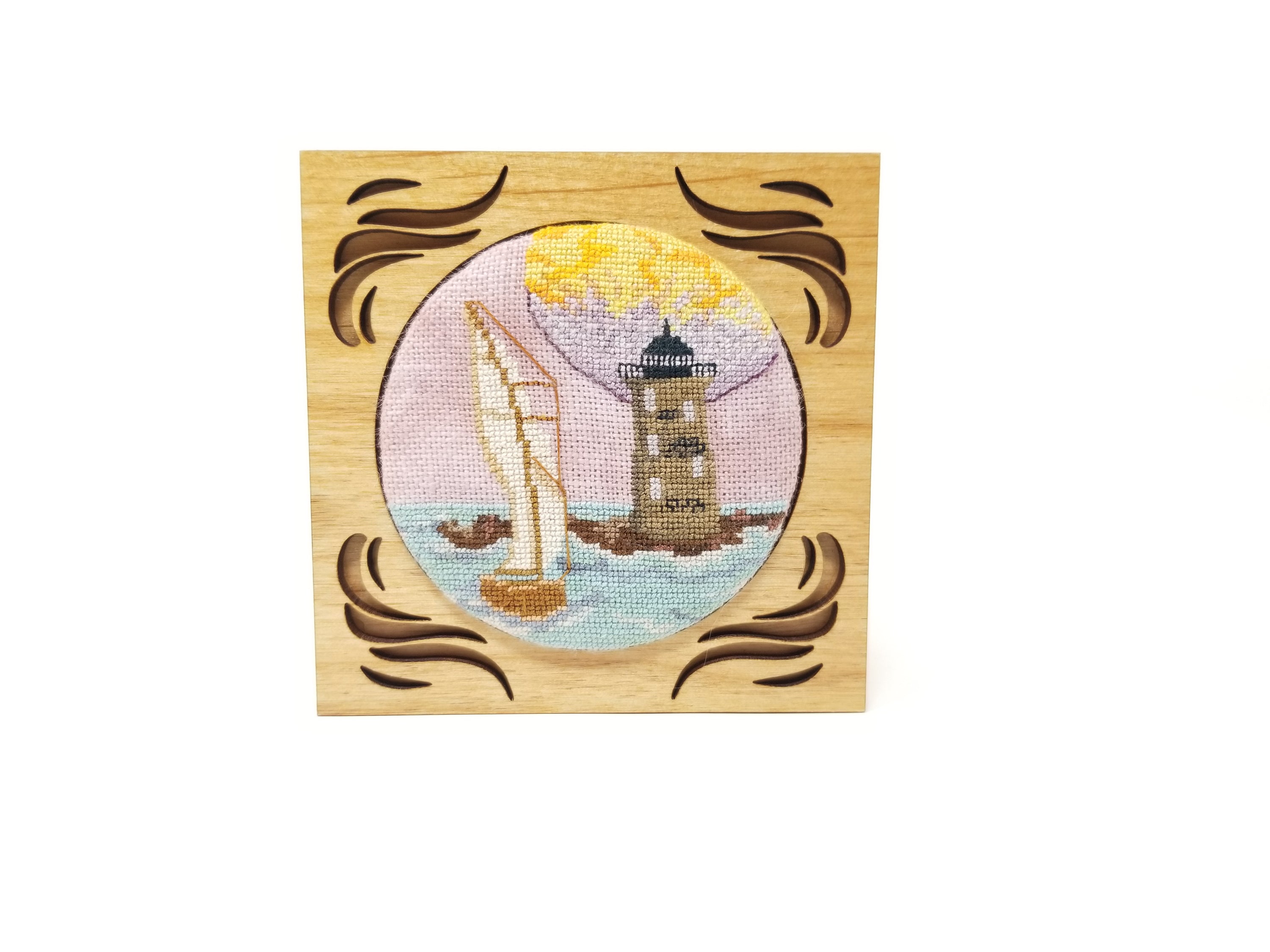 NEW Sunset Sail cross-stitch kit featuring lighthouse design and stylish box with hardware-free hinge.