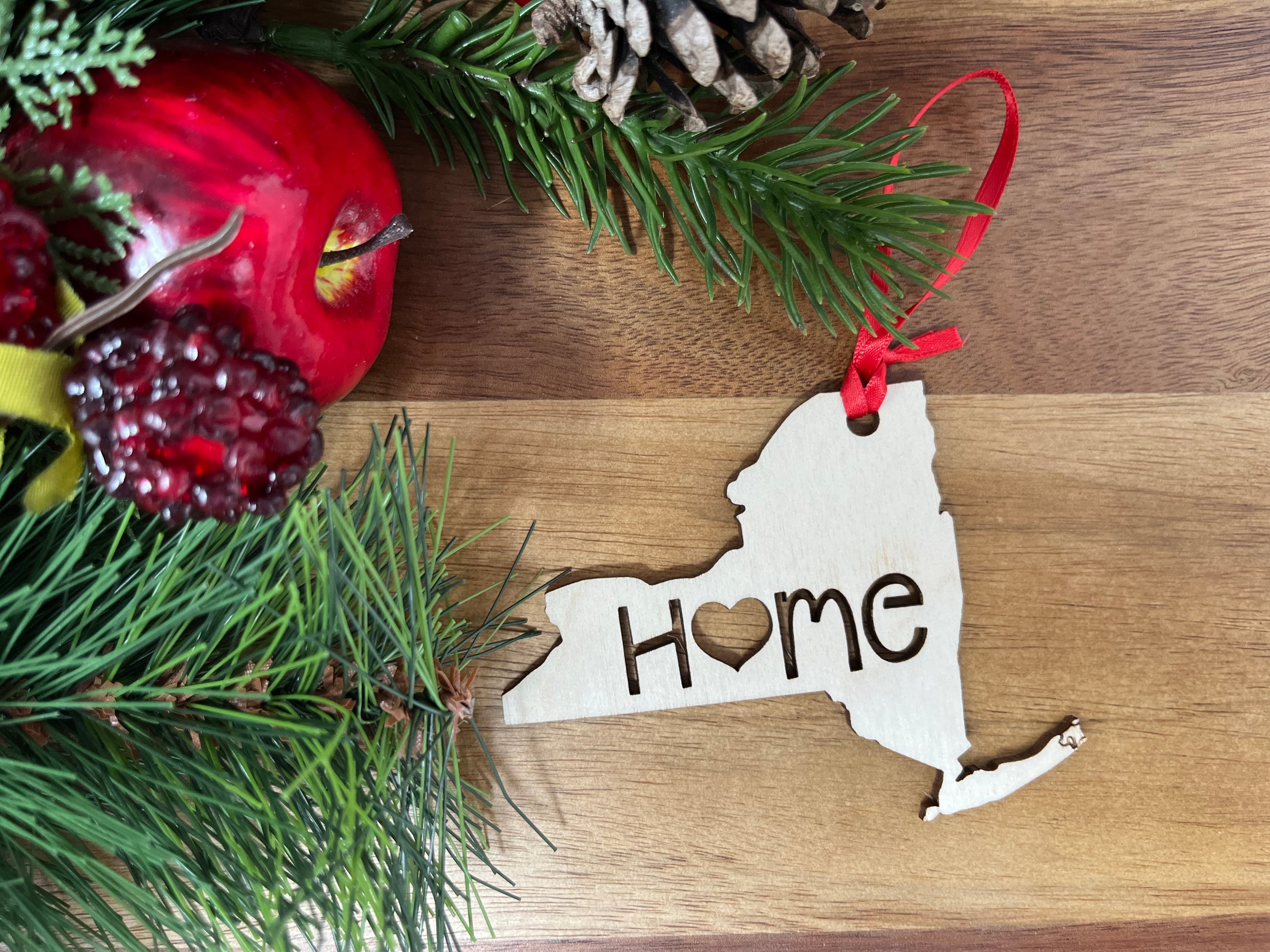 New York State Wood Christmas Ornament featuring 'Home' design made from premium Baltic Birch wood.