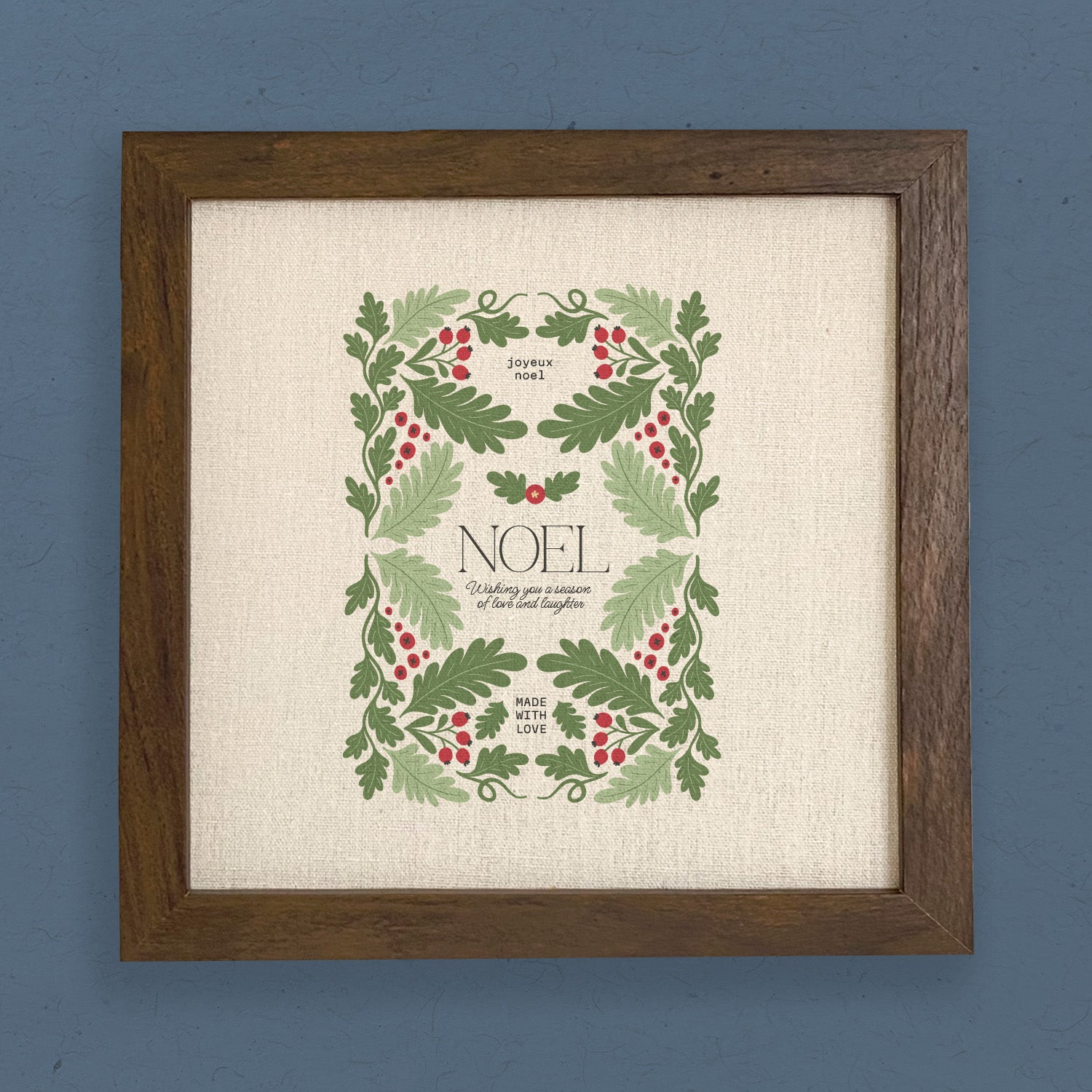 Noel Framed Sign with a stylized wood frame, featuring eco-friendly ink printing on a linen-look background, perfect for holiday decor.