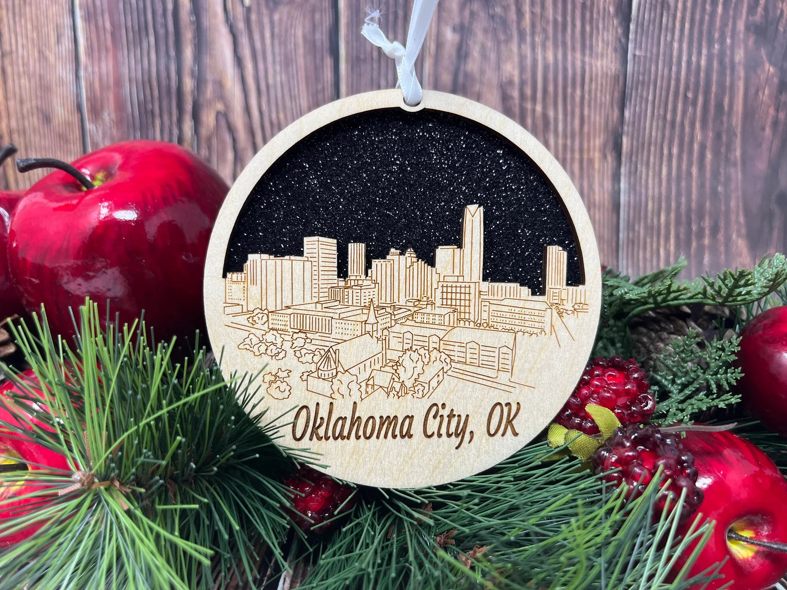 Oklahoma City skyline ornament made from premium Baltic birch wood, showcasing intricate skyline design.