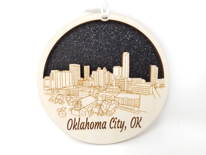 Oklahoma City skyline ornament made from premium Baltic birch wood, showcasing intricate skyline design.