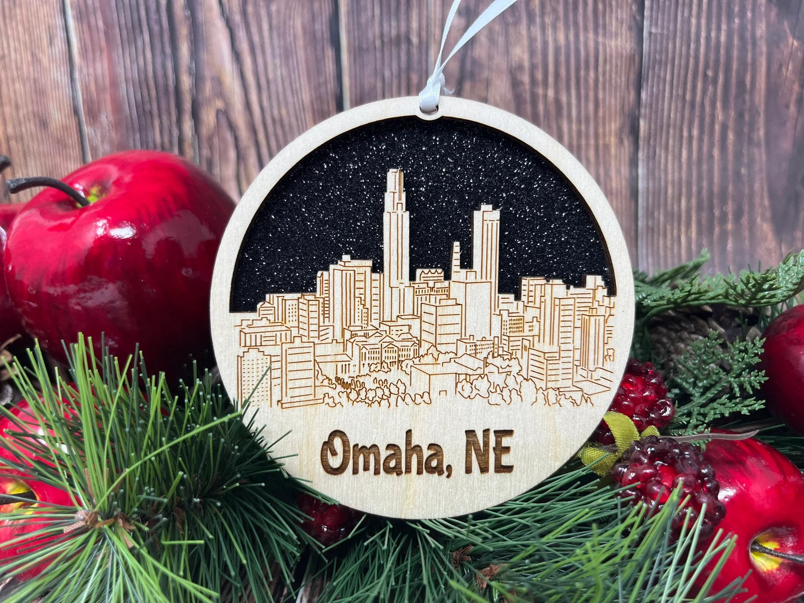 Omaha Skyline Ornament made from premium Baltic birch wood, showcasing intricate skyline design.