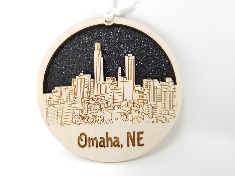 Omaha Skyline Ornament made from premium Baltic birch wood, showcasing intricate skyline design.