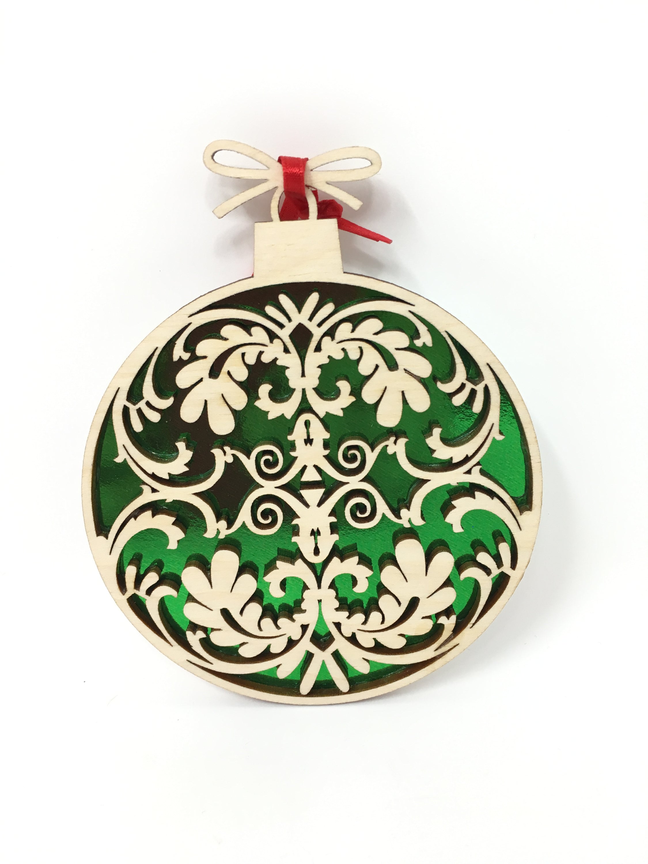 Ornate Ball laser cut wooden ornament made from premium Baltic Birch, featuring intricate designs and measuring 3.5x3 inches.