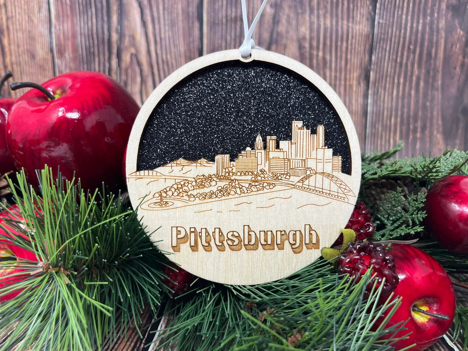 Pittsburgh skyline ornament made from premium Baltic birch wood, showcasing intricate city skyline design.