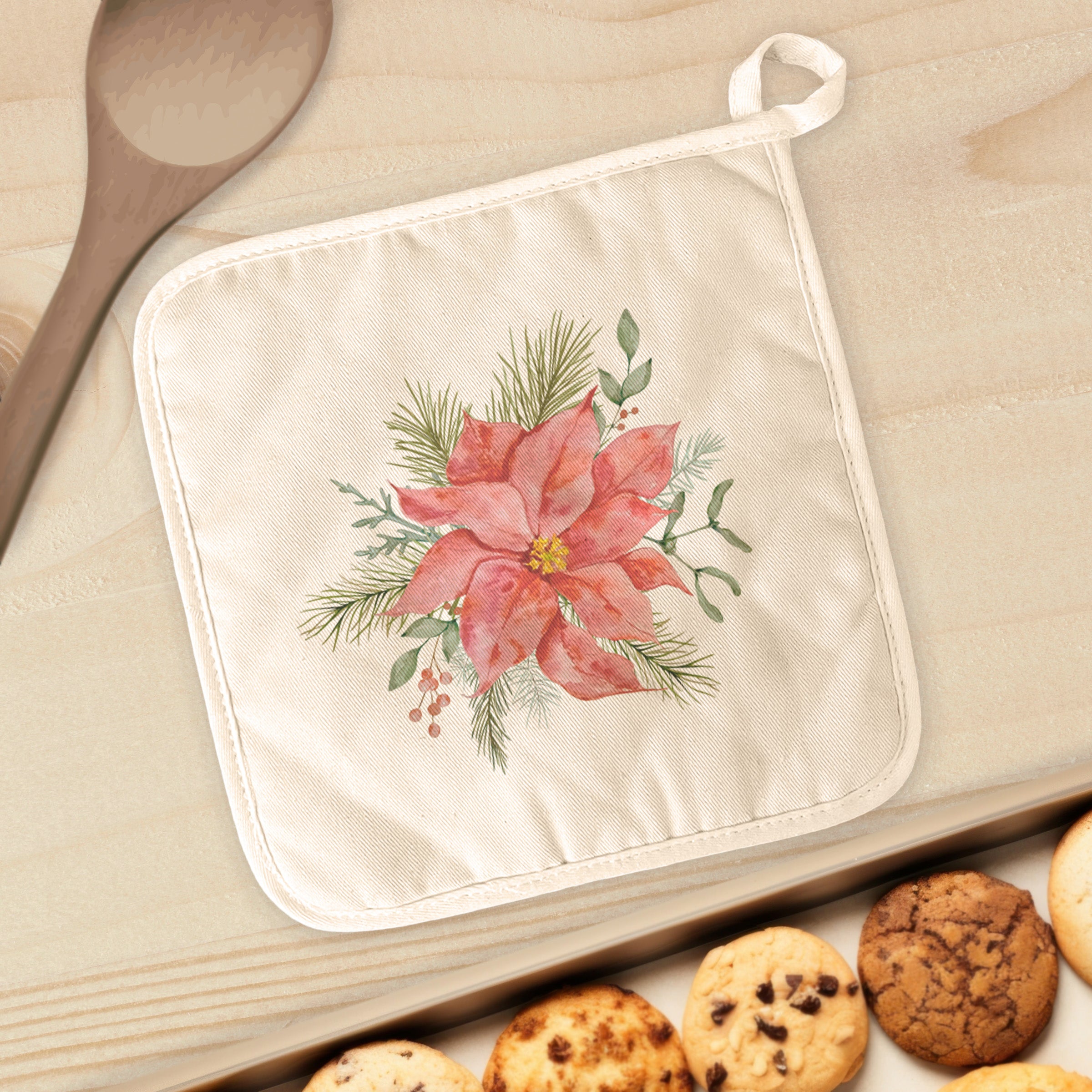 A vibrant Poinsettia Flower Cotton Pot Holder, featuring a beautiful floral design on a natural-color cotton background, perfect for kitchen use.