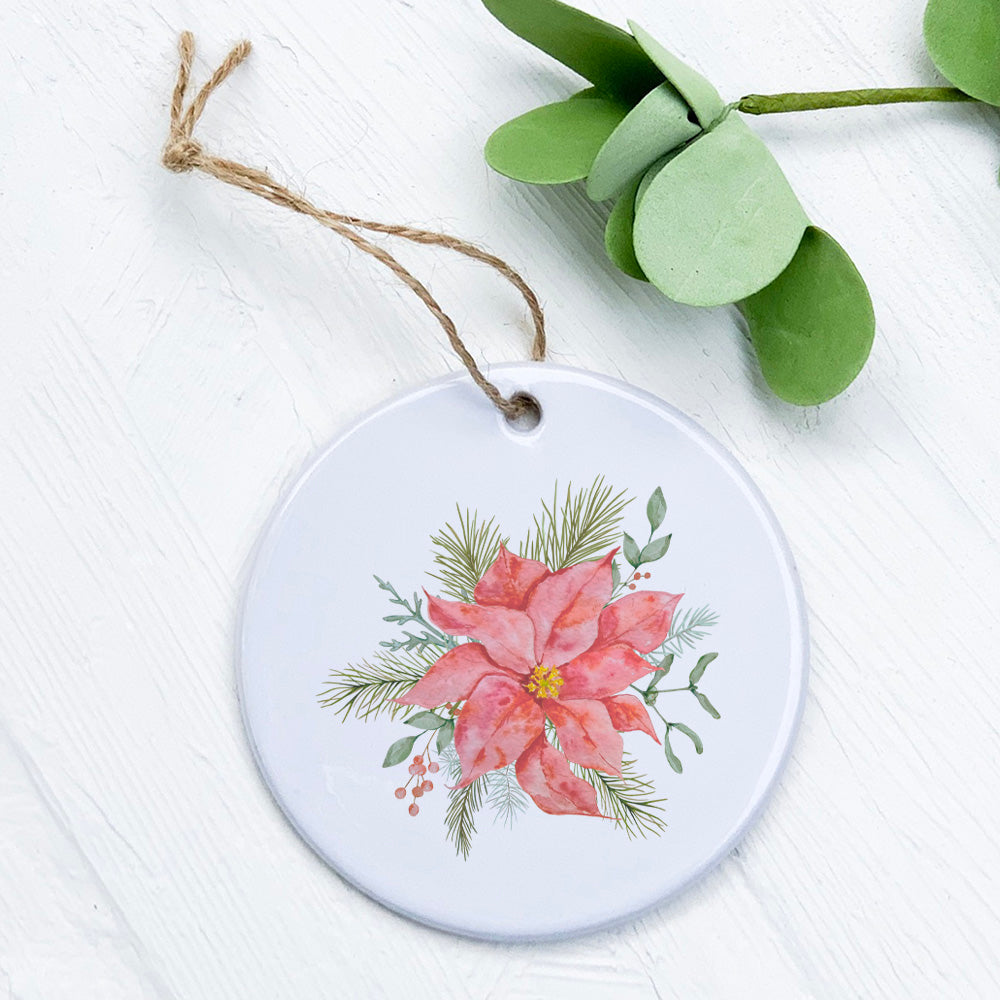 A beautifully crafted porcelain ornament featuring a vibrant Poinsettia Flower design, perfect for holiday decor.