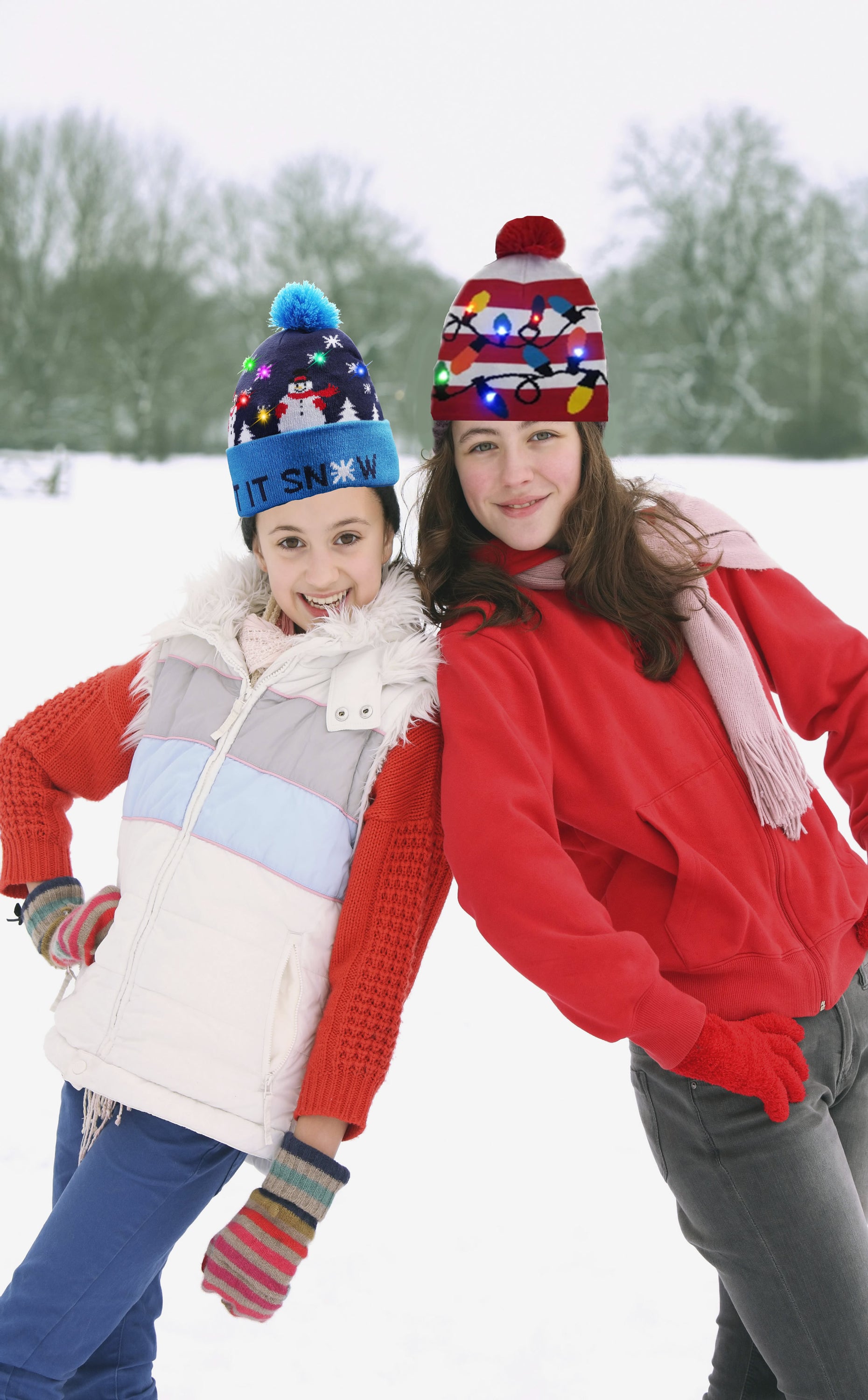 Colorful Pom Pom Party Holiday Hats with LED lights, featuring festive designs like snowmen and Christmas trees, perfect for holiday celebrations.