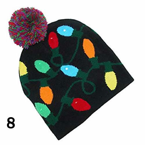 Colorful Pom Pom Party Holiday Hats with LED lights, featuring festive designs like snowmen and Christmas trees, perfect for holiday celebrations.