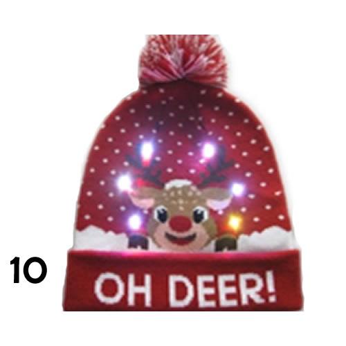 Colorful Pom Pom Party Holiday Hats with LED lights, featuring festive designs like snowmen and Christmas trees, perfect for holiday celebrations.