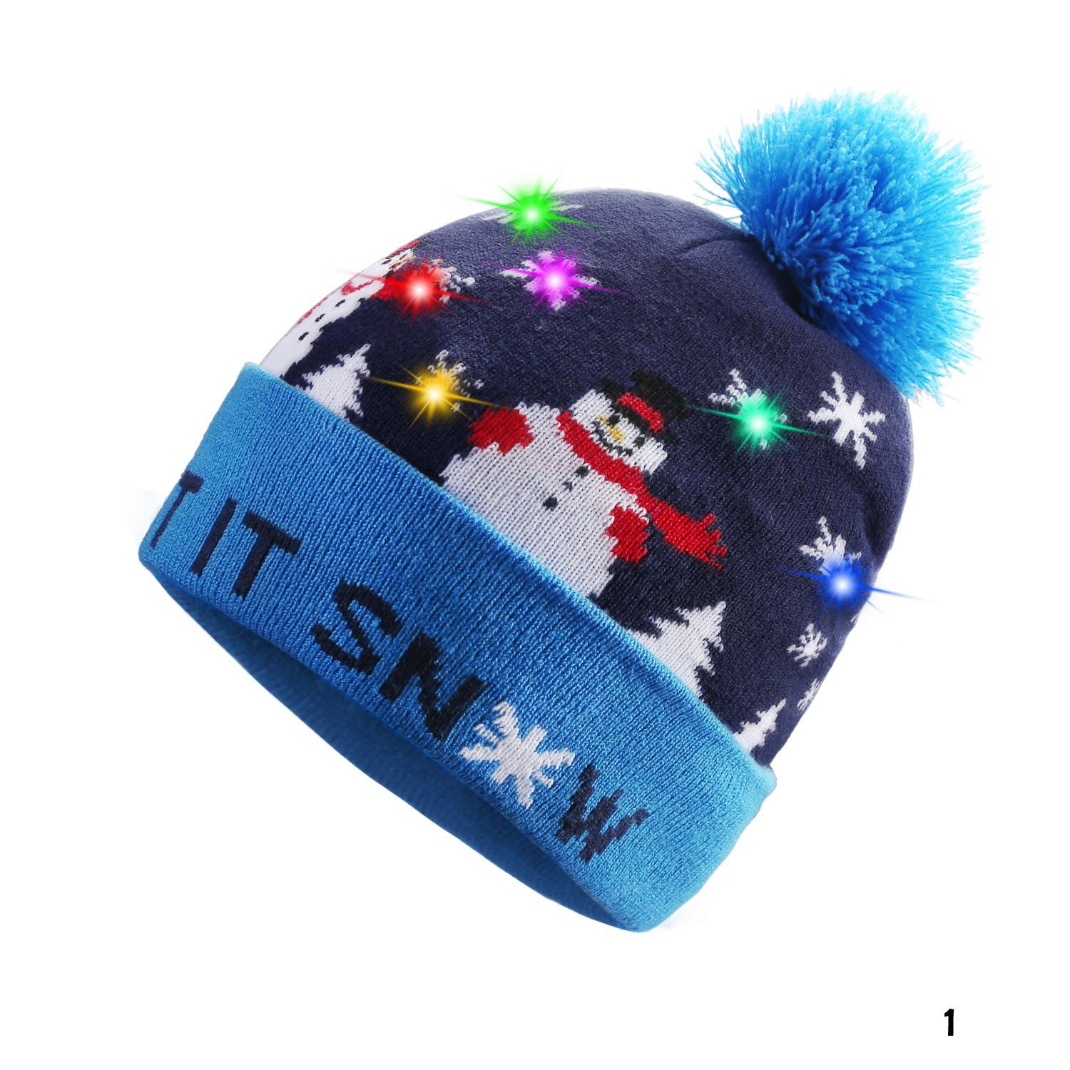 Colorful Pom Pom Party Holiday Hats with LED lights, featuring festive designs like snowmen and Christmas trees, perfect for holiday celebrations.