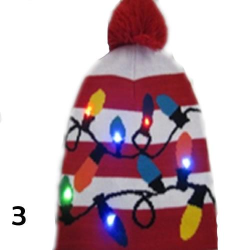 Colorful Pom Pom Party Holiday Hats with LED lights, featuring festive designs like snowmen and Christmas trees, perfect for holiday celebrations.