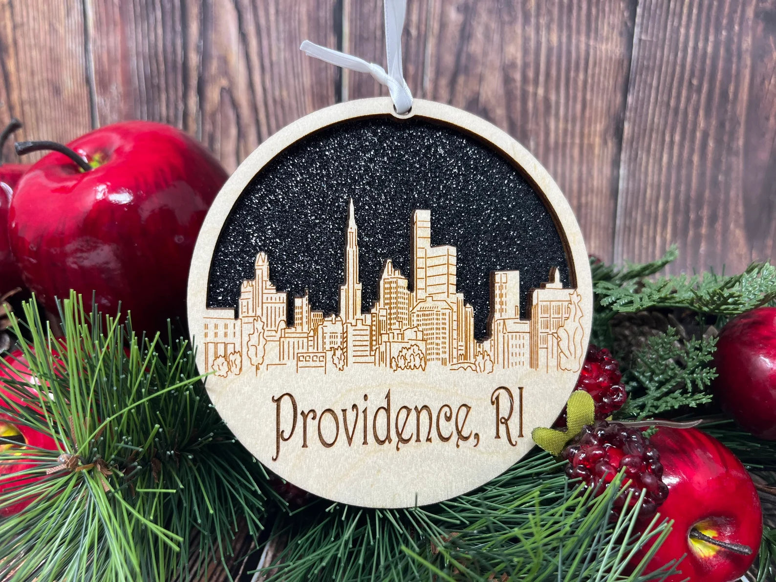 Providence Skyline Ornament made from premium Baltic birch wood, showcasing intricate city skyline design.