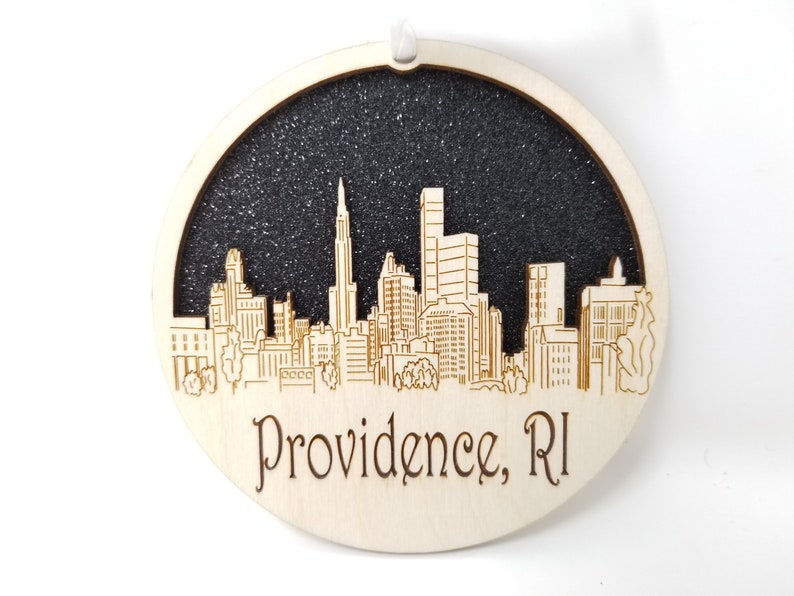 Providence Skyline Ornament made from premium Baltic birch wood, showcasing intricate city skyline design.