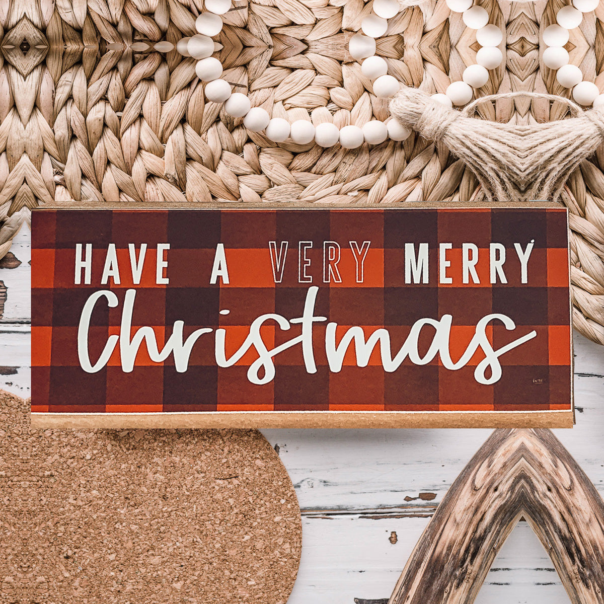 A festive Red Buffalo Christmas Sign made of thick wood, featuring a classic gingham pattern, perfect for holiday decor.