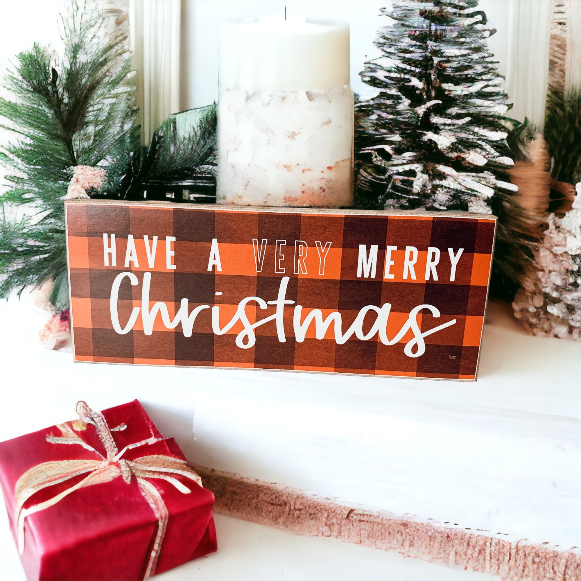 A festive Red Buffalo Christmas Sign made of thick wood, featuring a classic gingham pattern, perfect for holiday decor.