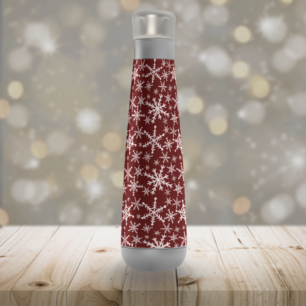 Red Snowflakes Peristyle Water Bottle made of stainless steel with a screw-on lid, featuring a vibrant red snowflake design.