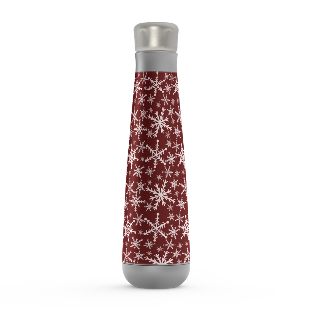 Red Snowflakes Peristyle Water Bottle made of stainless steel with a screw-on lid, featuring a vibrant red snowflake design.