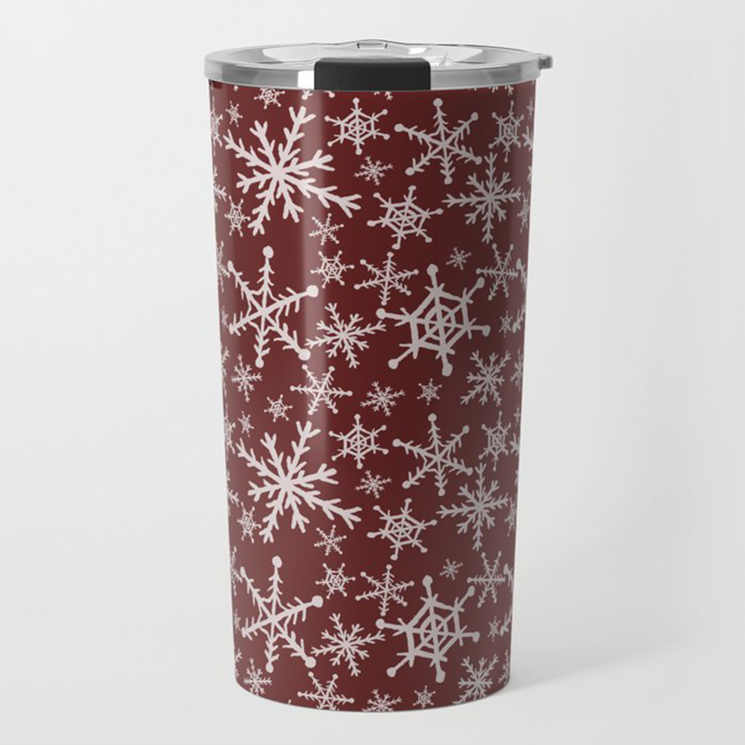 Red Snowflakes Travel Coffee Mug made of stainless steel with a beautiful snowflake design, perfect for hot or cold beverages.